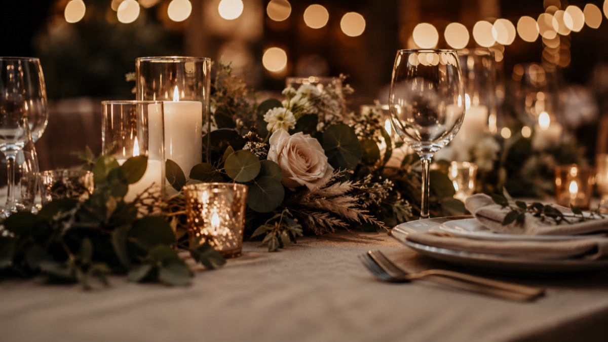 Festlich gedeckter Hochzeitstisch mit Kerzen, Rosen und Lichterketten im Hintergrund