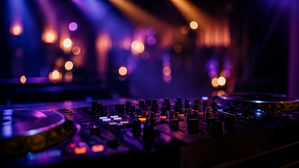 DJ-Mixer und Plattenspieler in Nahaufnahme mit Club-Lichtstimmung im Hintergrund