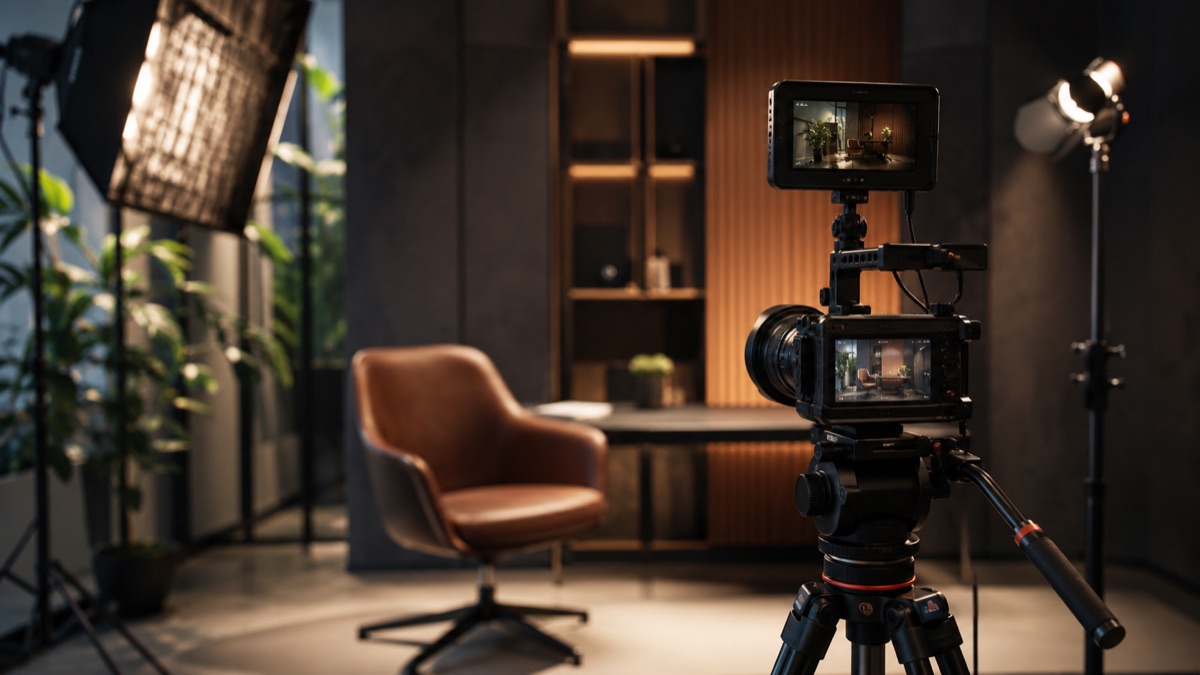 Kamera auf Stativ vor einem leeren Sessel in einem professionell ausgeleuchteten Interview-Studio